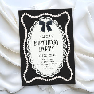 Invitation Noir esthétique élégant noeud papillon perle anniv