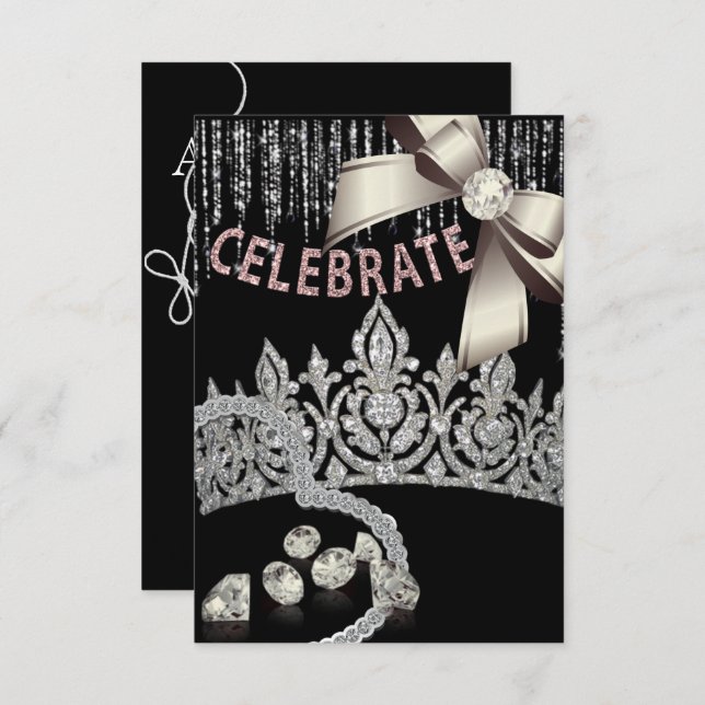 Invitation Noir et argent avec diamants de couronne rose fête (Devant / Derrière)