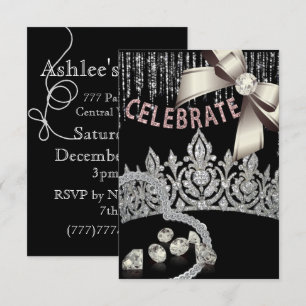 Invitation Noir et argent avec diamants de couronne rose fête
