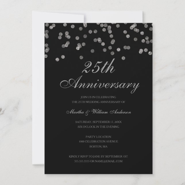 Invitation Noir et argent Confetti 25e anniversaire Mariage (Devant)
