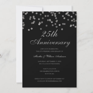 Invitation Noir et argent Confetti 25e anniversaire Mariage