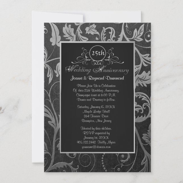 Invitation Noir et argent Damask 25e anniversaire de mariage (Devant)