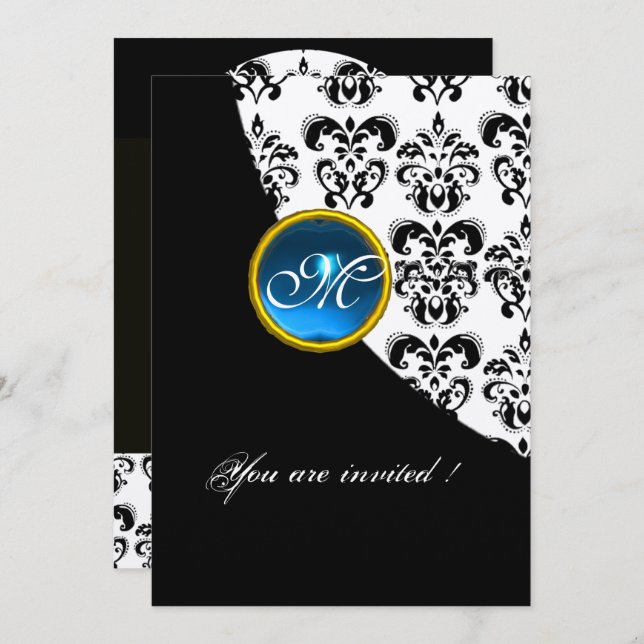 Invitation NOIR ET ARGENT DAMASK MONOGRAM, saphir bleu (Devant / Derrière)