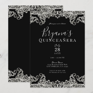 Invitation Noir et argent dentelle Élégante fête de Quinceañe