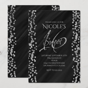 Invitation Noir et argent faux moderne GlamSWEET 16 Seize