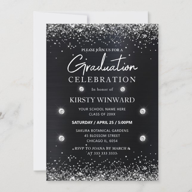 Invitation Noir et Argent Métallisé Paillettes Diplômé (Devant)