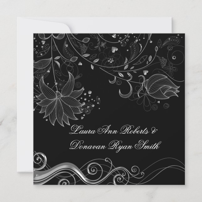 Invitation Noir et Argent Orné de Floraisons Post Mariage (Devant)