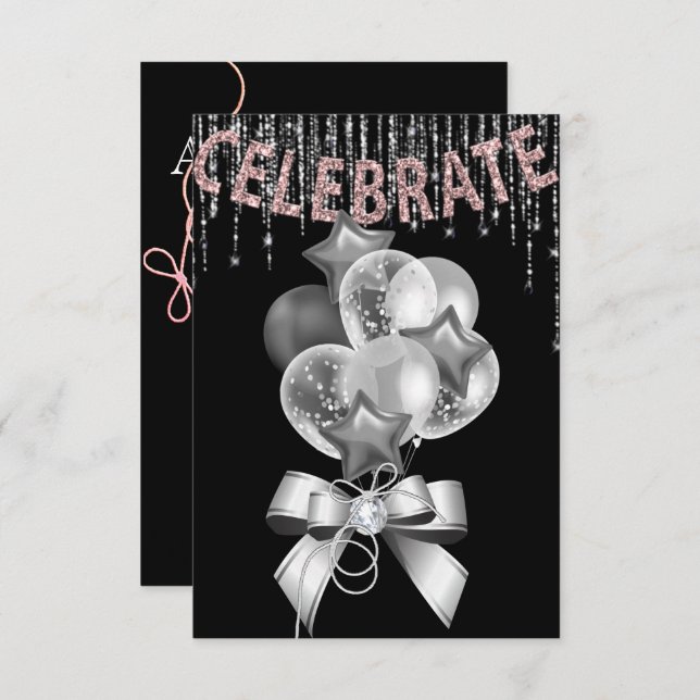 Invitation Noir et argent rose avec Balloons girl Party (Devant / Derrière)