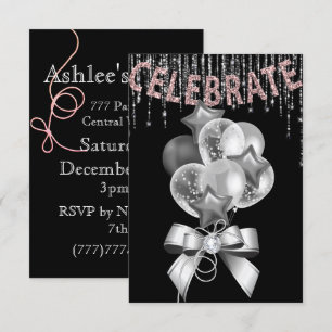 Invitation Noir et argent rose avec Balloons girl Party
