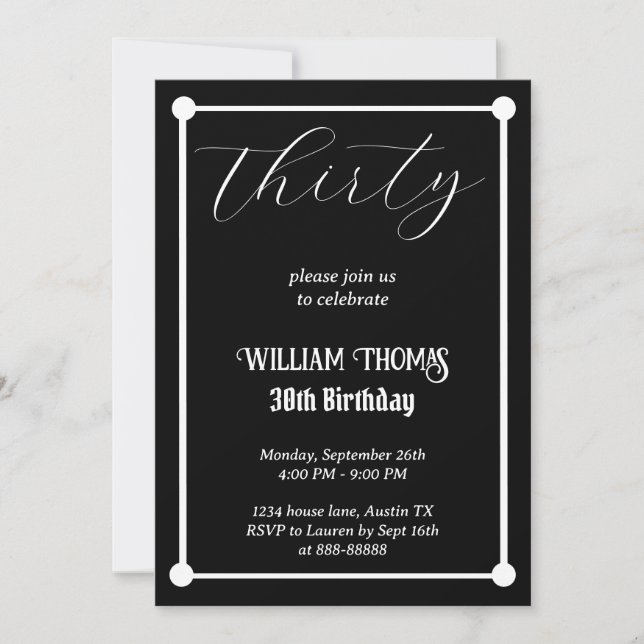 Invitation Noir et blanc 30e anniversaire Simple moderne Tren (Devant)