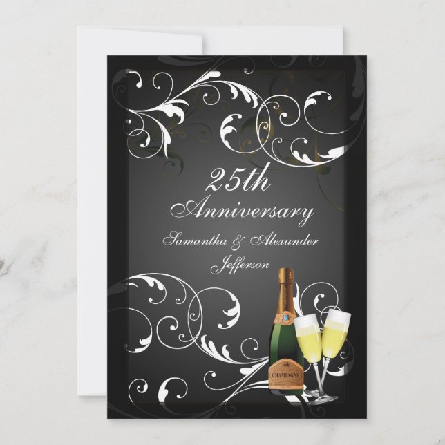 Invitation Noir et Blanc Argent Champagne Anniversaire de Mar (Devant)