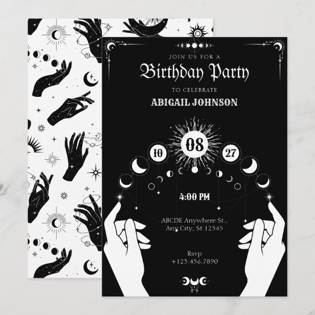 Invitation Noir et blanc Boho Lune main mystique anniversaire (Devant / Derrière)
