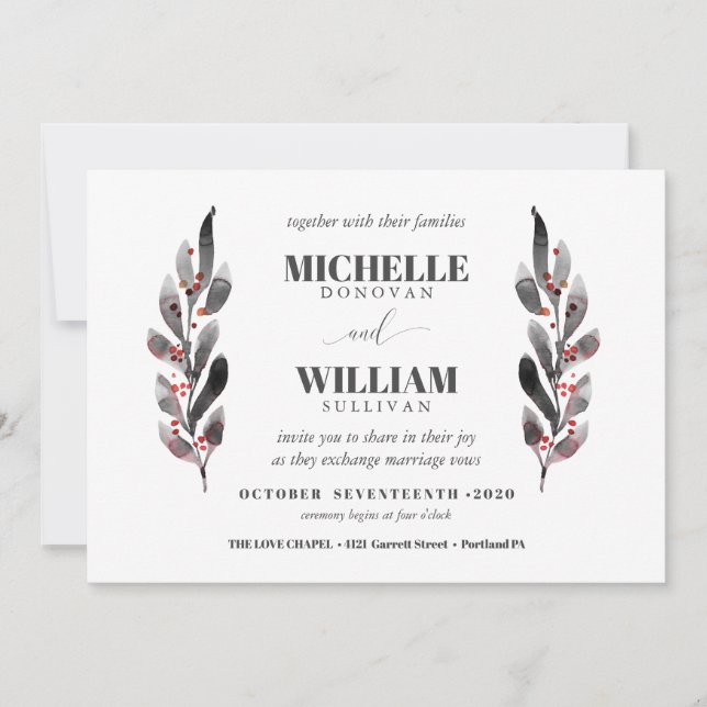 Invitation Noir et blanc | Branches modernes mariage (Devant)