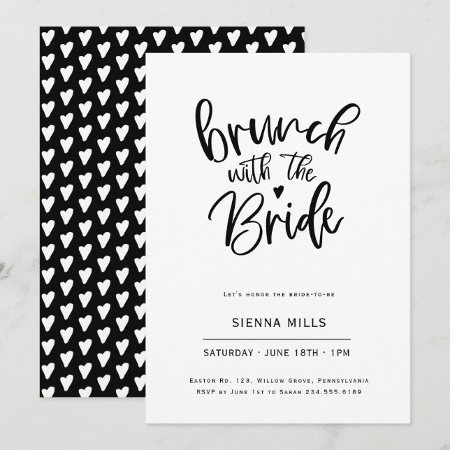 Invitation Noir et Blanc Coeurs Calligraphie Brunch nuptial (Devant / Derrière)
