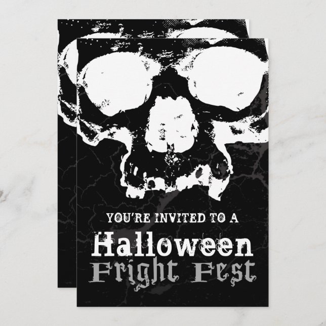 Invitation Noir et blanc crâne Grungy Halloween Fright Party (Devant / Derrière)