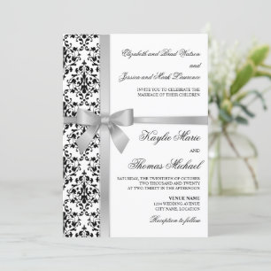 Invitation Noir et blanc Damas Faux Silver Ribbon Mariage