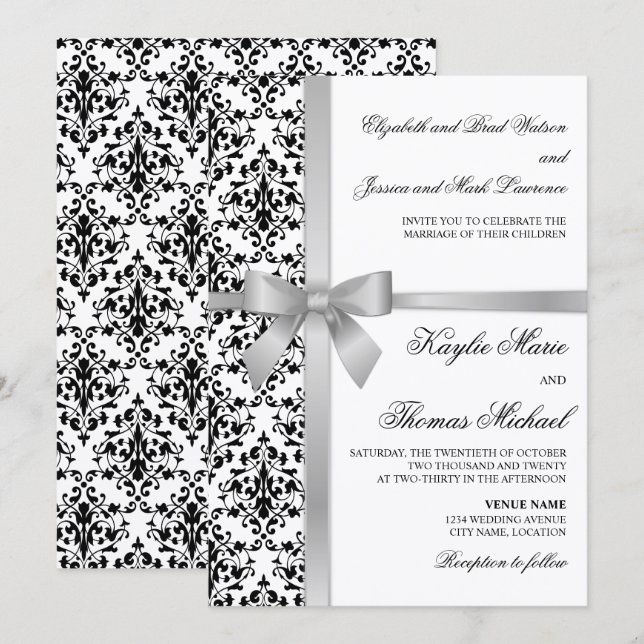 Invitation Noir et blanc Damas Faux Silver Ribbon Mariage (Devant / Derrière)