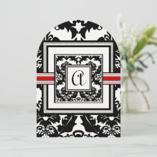 Invitation Noir et blanc Damas rouge Triage Monogramme Mariag