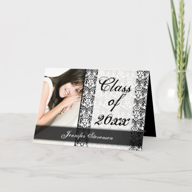 Invitation Noir et blanc Damask Chic Graduation Annoncée (Devant)