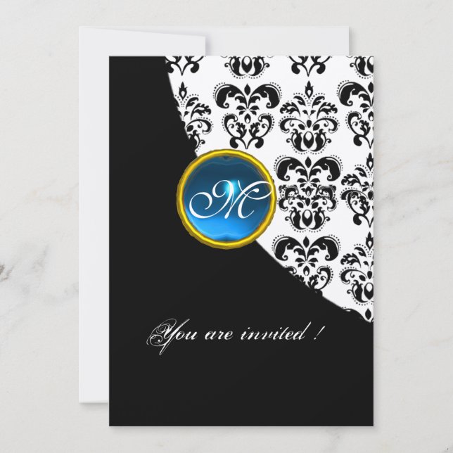 Invitation NOIR ET BLANC DAMASK MONOGRAM, saphir bleu or (Devant)