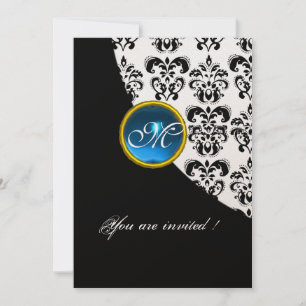 Invitation NOIR ET BLANC DAMASK MONOGRAM, saphir bleu or