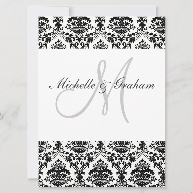 Invitation Noir et Blanc Damassé Élégant Mariage (Devant)