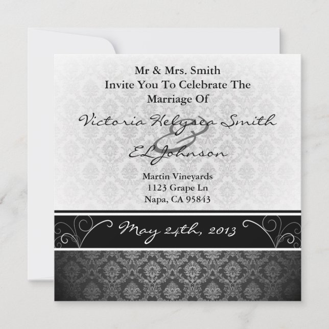 Invitation noir et blanc de mariage damassé (Devant)