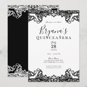 Invitation Noir et Blanc Dentelle Élégante Fête de Quinceañer