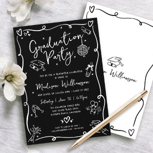 Invitation Noir et Blanc Dessins à Main Levée Fête de Remise 