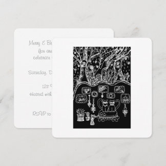 Invitation Noir et blanc, dessins au trait, chats fantaisiste