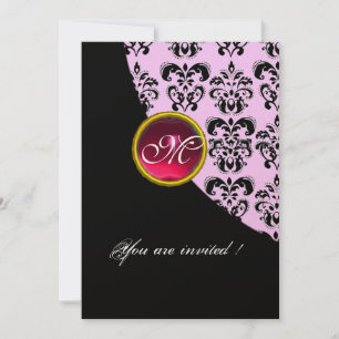 Invitation NOIR ET BLANC DOMMASK MONOGRAM, rubis rouge, fuchs