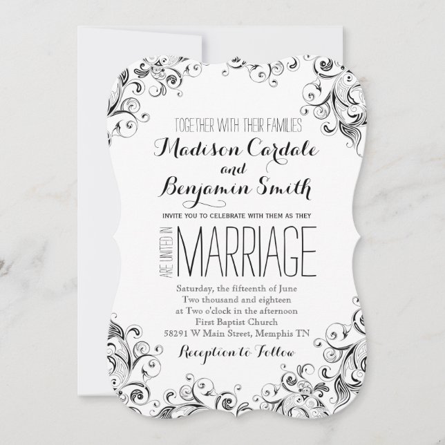 Invitation Noir et Blanc Elégant Mariage Flourish Invite (Devant)