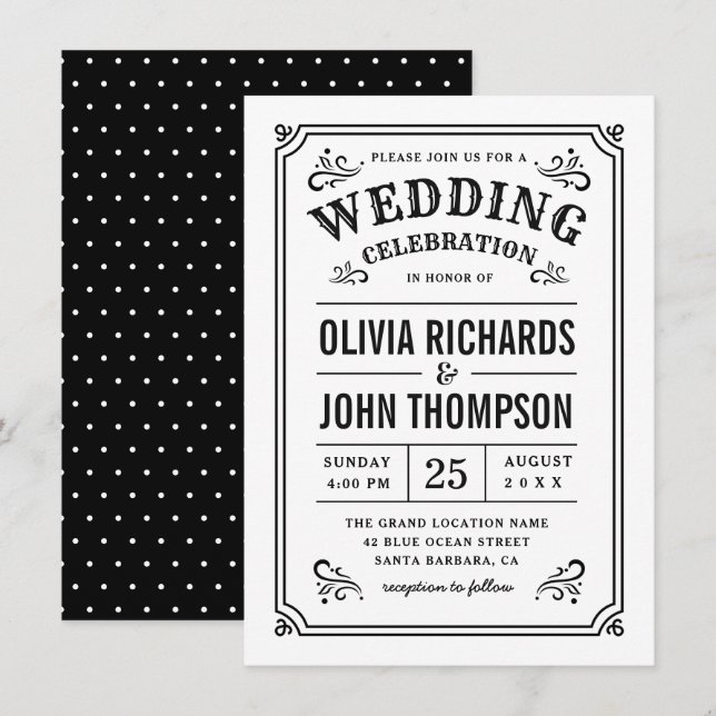 Invitation Noir et blanc Élégant Script Mariage Vintage (Devant / Derrière)