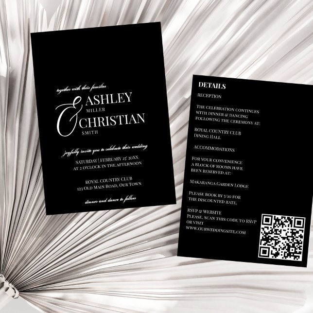 Invitation Noir et blanc élégant simple tout en un mariage (Black and white elegant simple minimalist all in one wedding invitation template instant download)