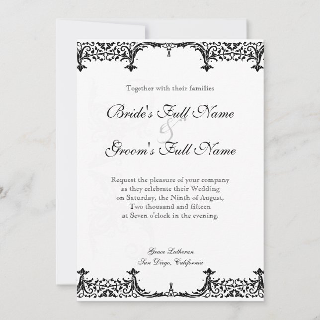 Invitation Noir et blanc Fleur de Lis Mariage damassé (Devant)