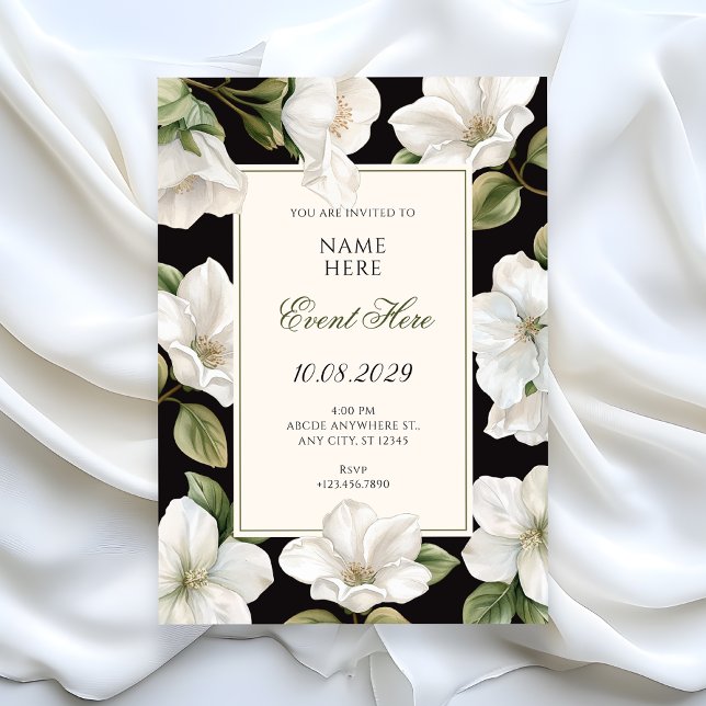 Invitation Noir et blanc floral élégant  (Créateur téléchargé)