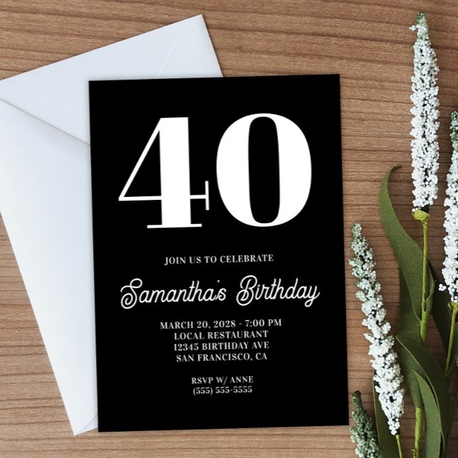 Invitation Noir et blanc Grand nombre 40e anniversaire (Create your own bold number birthday invitation.)