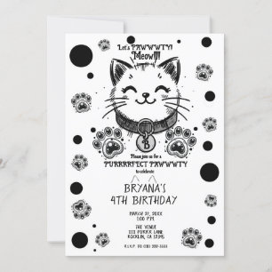 Invitation Noir et blanc Kitty Chat Kitten fête d'anniversair