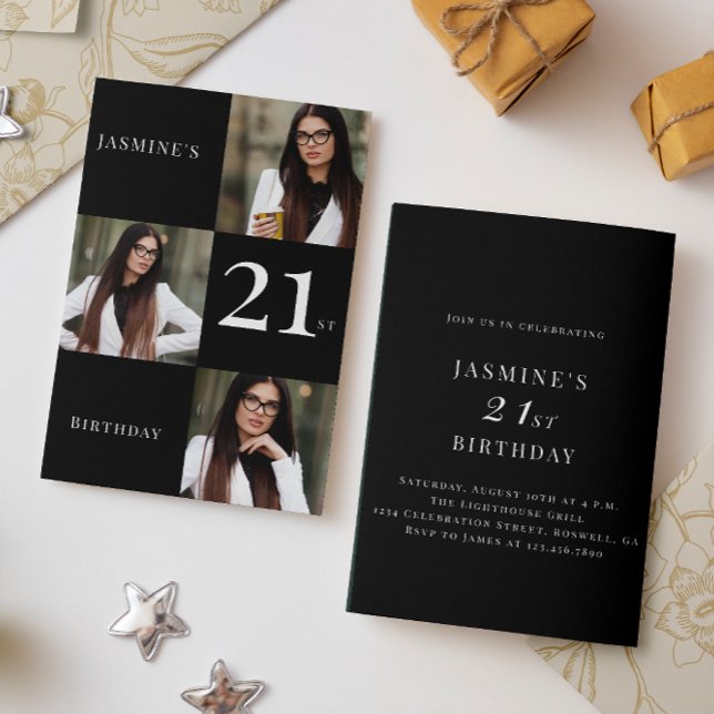 Invitation Noir et blanc minimum 3 photo 21e anniversaire (Créateur téléchargé)