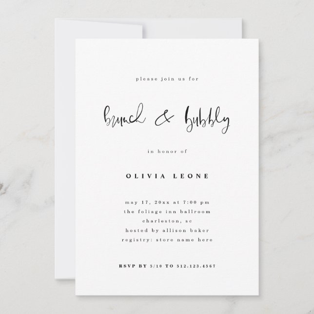 Invitation Noir et blanc moderne | Brunch et bulle (Devant)
