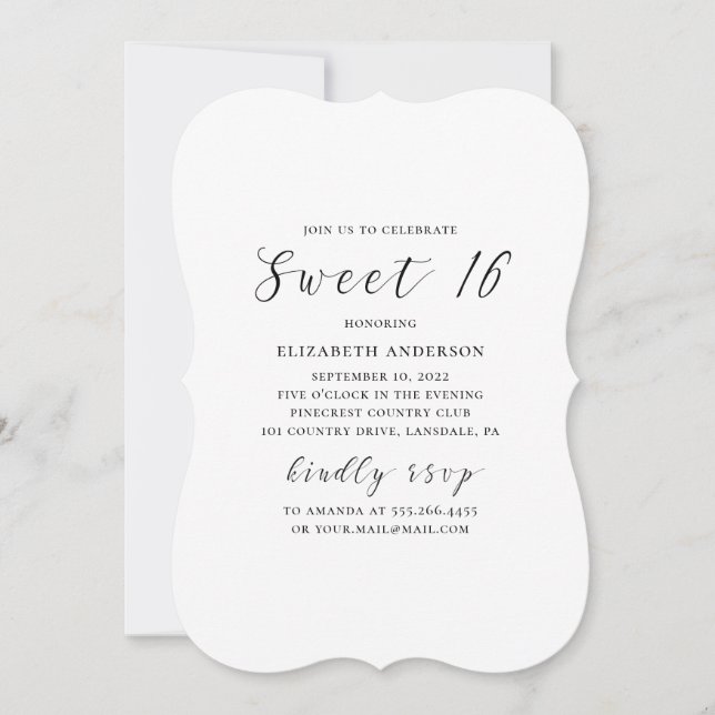 Invitation Noir et blanc moderne calligraphie simple Sweet 16 (Devant)