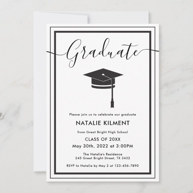 Invitation Noir et blanc Moderne Casquette diplômé (Devant)
