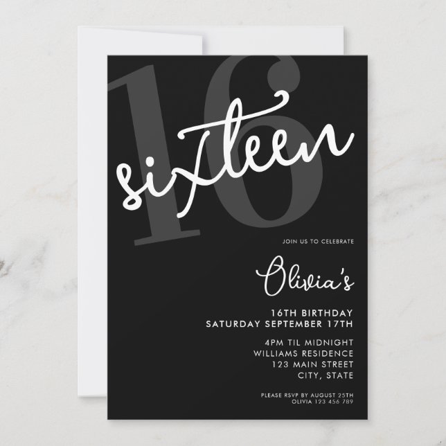 Invitation Noir et blanc moderne Elégant 16e anniversaire (Devant)