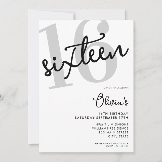 Invitation Noir et blanc moderne Elégant 16e anniversaire (Devant)