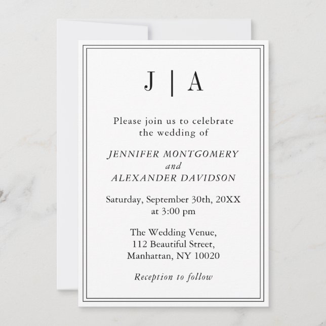 Invitation Noir Et Blanc Monogramme Couple Nom Moderne Simple (Devant)