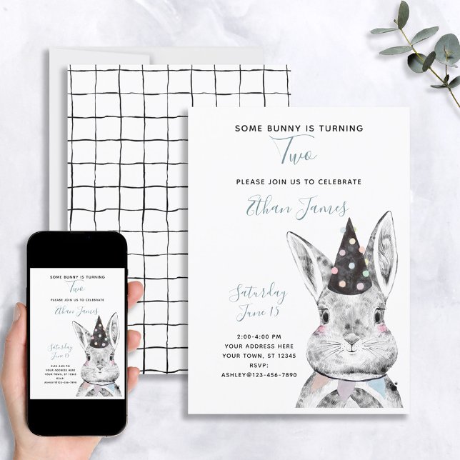 Invitation Noir et blanc Neutre Certains lapin est deux Anniv (Créateur téléchargé)