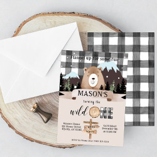 Invitation Noir et blanc Plaid Wild One Bear 1er Anniversaire