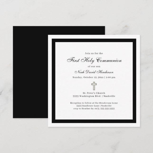 Invitation noir et blanc pour une première communi (Devant / Derrière)