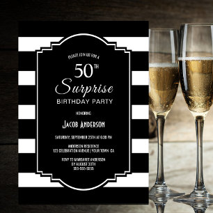 Invitation Noir et blanc rayé Surprise 50e anniversaire