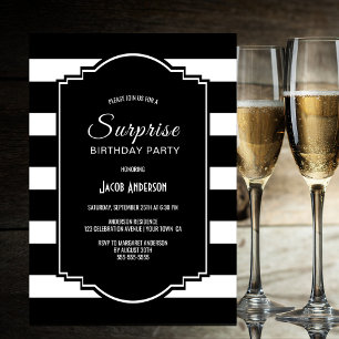 Invitation Noir et blanc rayé Surprise Anniversaire